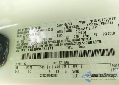 2023 Ford F-150 Xlt z USA, uszkodzony, nr VIN 1FTFX1E58PKE84871